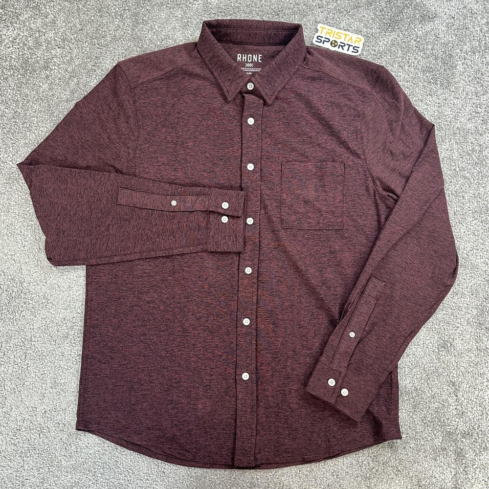 Rhone WFH Shirt Mens Medium Maroon Burgundy Long Sleeve Stretch Button Up Pocket